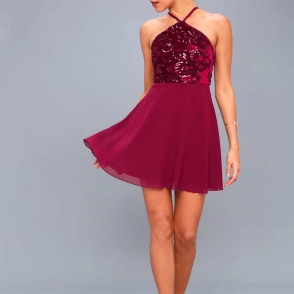 Time of Love Burgundy Sequin Halter Skater Dress